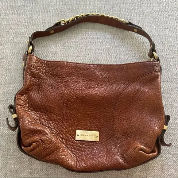 BRAHMIN Brown Pebble Leather Tote Purse Gold Chain Trim Chunky Hardware - Picture 1 of 10